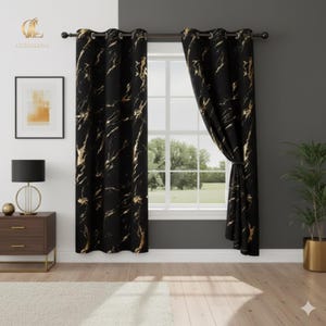 May include: Black and gold marble-patterned curtains hanging in front of a window. The curtains have gold accents and are hung on a dark rod. The room has a modern aesthetic with a neutral color palette.