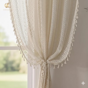 Boho tofsgardin | Geometrisk boho fönstergardin för vardagsrum | Cafégardin i linne-look, boho heminredning