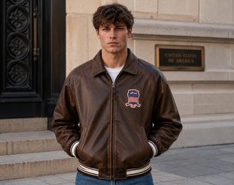 Jaqueta bomber vintage de couro marrom, estilo aviador com efeito desgastado, casaco de voo retrô masculino, agasalho clássico com zíper para presente.