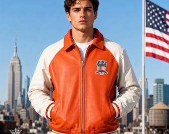 Avirex USA Lederjacke Männer Orange Varsity Bomberjacke Vintage American Streetwear Mantel Retro Leder Oberbekleidung Geschenk