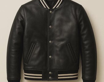 Herren Lederjacke, 100% Geniun Leder, schwarzes Leder, Ripp-Bündchen