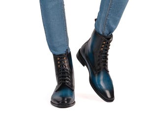 Men's Hand-Painted Blue Black Leather Combat Boots | Handmade Lace-Up Ankle Boots | Luxury Dress & Casual Military Boots