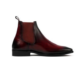 Botas Chelsea masculinas em tons de bordô e preto | Botas de cano curto em couro legítimo | Botas sociais estilo italiano | Botas sem fecho