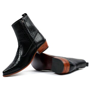 Black Python Embossed Leather Chelsea Boots for Men, Handmade Pointed Toe Ankle Boots, Side Zip Dress Boots, Western Boots