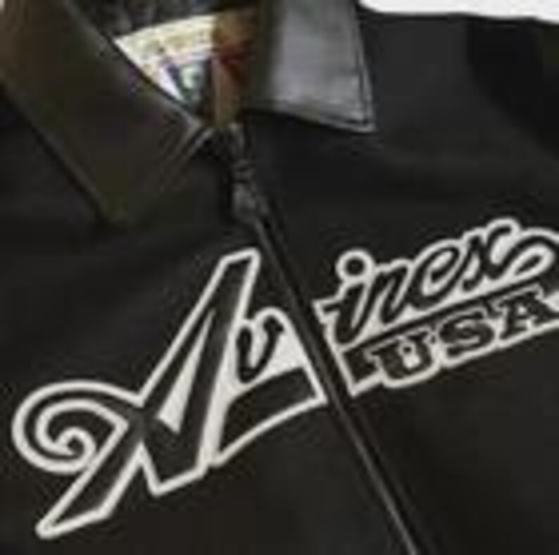 K&ouml;nnte beinhalten: Eine schwarze Jacke mit dunklem Kragen und Rei&szlig;verschluss auf der Vorderseite. Auf der Brust befindet sich eine wei&szlig;e Stickerei mit der Aufschrift Avirex USA und einem gro&szlig;en, stilisierten Buchstaben A. Der Stoff wirkt glatt und einfarbig schwarz.