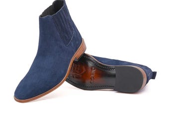 Men's Navy Blue Suede Chelsea Boots | Handmade Leather Ankle Boots | Slip-On Dress Boots | Casual & Formal Footwear