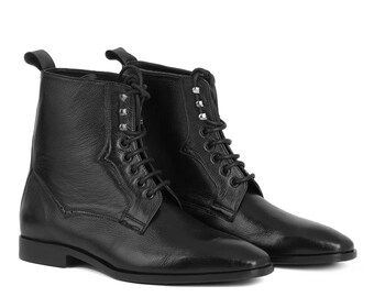 Men's Black Leather Lace Up Ankle Boots, Handmade Genuine Leather Dress Boots, Classic Combat Boots, Formal Casual Boots