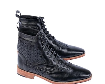 Botas masculinas de couro preto, botas sociais de couro trançado feitas à mão, botas de luxo com cadarço, sapatos formais de couro, presente para ele.