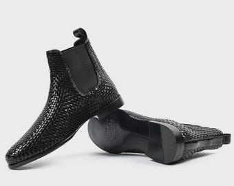 Schwarze gewebte Leder-Chelsea-Stiefel | Handgefertigte Spitzschuh Knöchel Schuhe