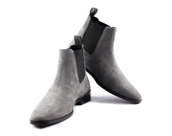 Botas Chelsea Masculinas em Camurça Cinza | Botas de Cano Curto em Couro Feitas à Mão | Botas Sociais Sem Cadarço | Botas Chelsea Minimalistas para Homens