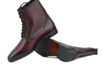 Men's Brown Leather Lace Up Ankle Boots, Handmade Genuine Leather Dress Boots, Vintage Combat Boots, Casual Formal Shoes