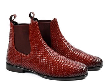 Botas Chelsea de couro trançado à mão para homem | Botas de cano curto castanhas feitas à mão | Botas sociais de couro genuíno sem fecho | Botas de luxo trançadas