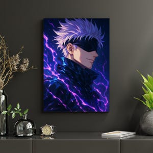 May include: A framed anime art print featuring a character with white hair, a black blindfold, and a dark jacket. The artwork has a blue and purple lightning effect in the background. The character is smiling.