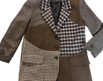 Vintage 90s Patchwork Wool Blazer: Houndstooth Tweed Jacket, Size 10
