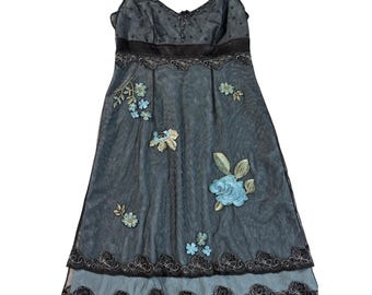 Vintage Adrianna Papell Beaded Mesh Dress | Y2K Embroidered Floral Cocktail Dress