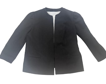 Vintage 80s Wool Puff Sleeve Black Blazer Women’s XL | Minimalist Collarless Jacket