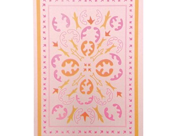 Pink Orange Ornamental Textile Art Print, Boho Symmetrical Tile Design