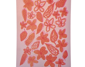 Orange Floral Botanical Print, Retro Flower Illustration, Modern Nature Art