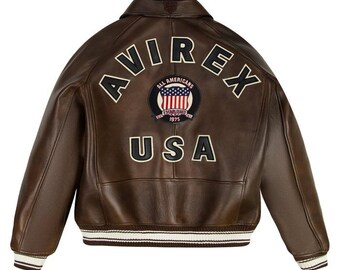 Men's Avirex Vintage Brown American Bomber Jacket Genuine Sheepskin Leather Coat