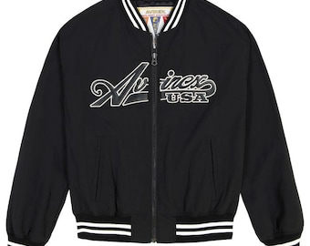 Men's Avirex Black USA Bomber Jacket Retro Zip Up Varsity Jacket