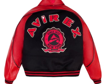 Varsity-bomberjack heren Avirex rood en zwart klassiek wollen leren jack