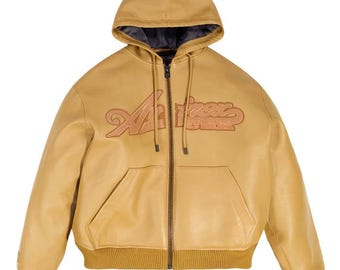 Men's Avirex Tan Brown Napa Leather Hoodie American Bomber Hooded Jacket