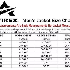 Puede incluir: Tabla de tallas de chaquetas AVIREX, que muestra las medidas corporales en pulgadas. Incluye medidas de pecho, manga y cintura para las tallas S a 5XL. Las medidas de las chaquetas difieren de las corporales.