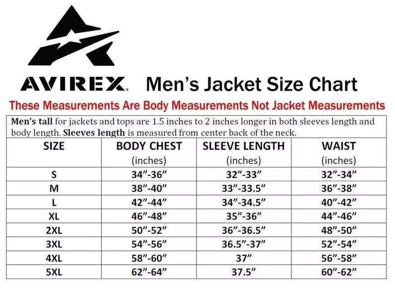 Puede incluir: Tabla de tallas de chaquetas AVIREX, que muestra las medidas corporales en pulgadas. Incluye medidas de pecho, manga y cintura para las tallas S a 5XL. Las medidas de las chaquetas difieren de las corporales.