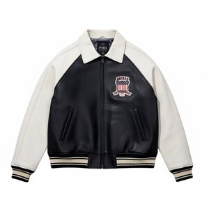 Chaqueta de cuero negra Avirex para hombre con mangas blancas, abrigo de piel de oveja americana imagen 2