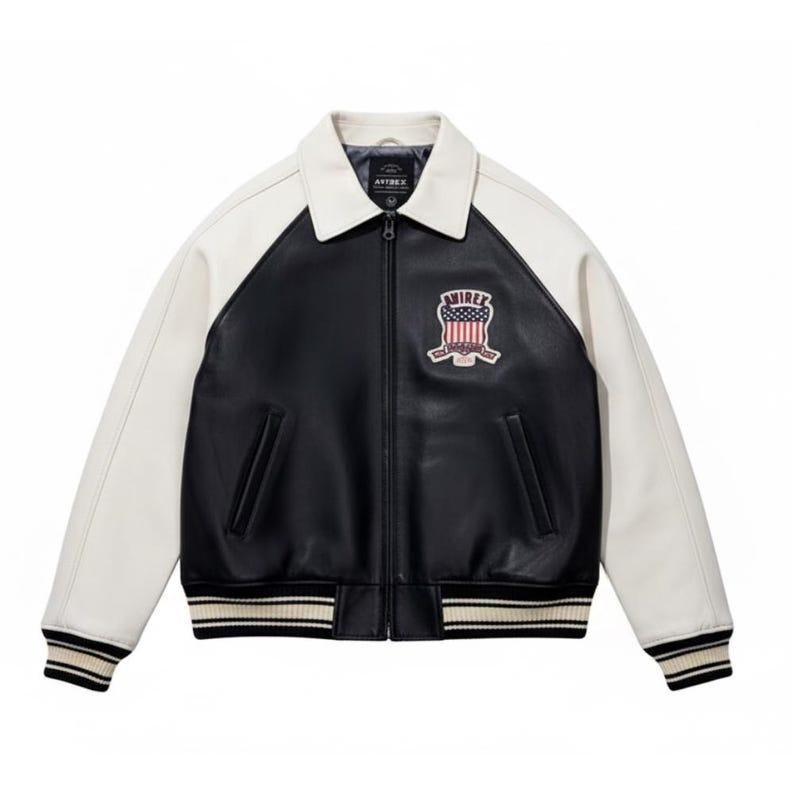 Chaqueta de cuero negra Avirex para hombre con mangas blancas, abrigo de piel de oveja americana imagen 2