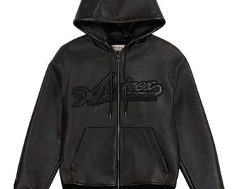 Sudadera con capucha de cuero negro Avirex para hombre, chaqueta bomber americana de cuero con capucha
