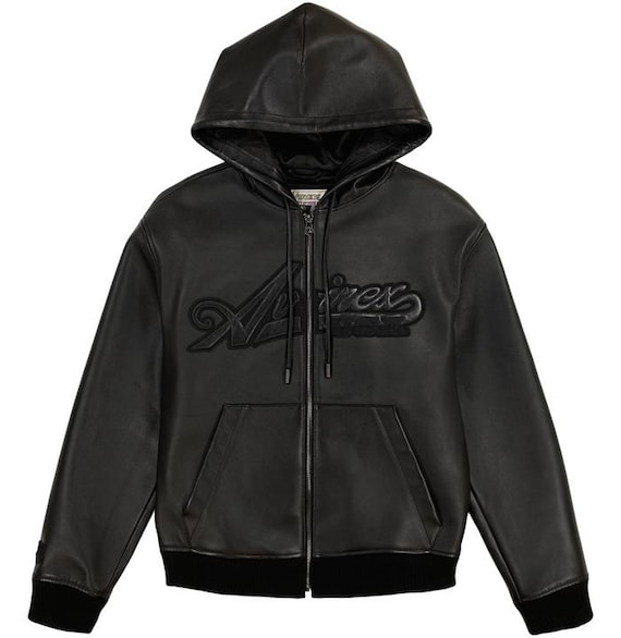 Men's Avirex Black Leather Hoodie American Bomber Leather Hooded Coat