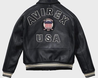 Avirex Black American Bomber Jacket Genuine Sheep Skin Leather Coat