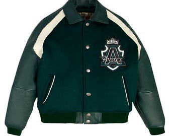 Men's Avirex Green Wool Jakcet with Leather Sleeves American bomber Jacket