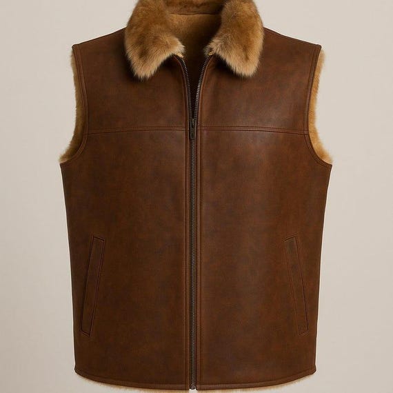 Men's Brown Shearling Leather Aviator Vest: Genuine Sheepskin Body
