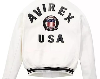 Men's Avirex White Sheepskin USA Leather Bomber Jacket