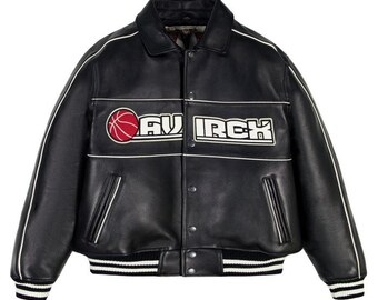 Men's Avirex Leather Jacket Genuine SheepSkin Basketball Edition Bomber Jacket