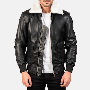 Men's Shearling Collar Black Leather Jacket - Bomber Leather Jacket - Genuine Sheep Skin Leather - Motorbike Jacket - Gift For Him