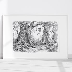 Magischer Wald – Schwarzweiße Märchen Illustration, Druck im Vintage Stil für Kinderzimmer oder rustikale Inneneinrichtung – Fantastisches Line Art Poster