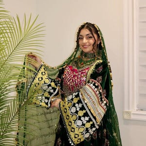 Handmade Green Velvet Afghan Kuchi Dress: Embroidered Mirror Work, Matching Dupatta