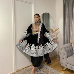 Black Afghan Dress with White Embroidery | Handmade Traditional Kuchi Dress | Vintage Chest Piece | Ethnic Party Wear | Custom Afghan Outfit