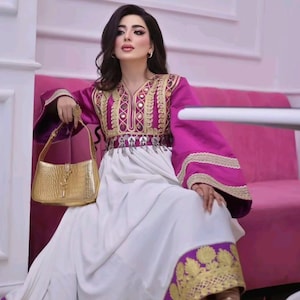 Elegant Afghan Traditional Dress | Magenta & White Embroidered Dress with Gold Detailing | Ethnic Formal Gown