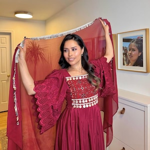 Maroon Afghan Dress with Dupatta | Traditional Kuchi Embroidered Gown | Handmade Pashtun Dress | Cultural Party Outfit | Modest Ethnic Wear