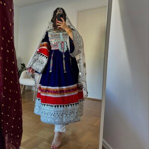 Navy Blue Afghan Dress with Red Accents | Handmade Kuchi Tribal Dress | Traditional Mirror Work  Embroidery | Ethnic Afghan Outfit for Women