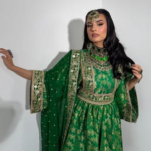 Emerald Green Afghan Dress: Embroidered Silk Churidar Outfit
