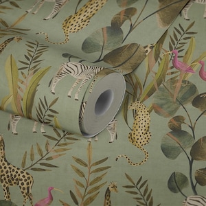 May include: A roll of wallpaper featuring a jungle-themed design. The pattern includes zebras, giraffes, and leopards among lush green foliage and pink birds. The background is a muted green color.
