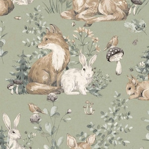 May include: A repeating pattern featuring woodland animals and foliage on a muted green background. The design includes foxes, deer, rabbits, birds, mushrooms, and various plants in shades of brown, white, and green. The overall theme is a whimsical forest scene.
