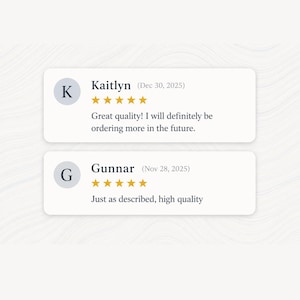 May include: Two white rectangular cards with rounded corners, featuring customer reviews. The top card has the letter "K" and the name "Kaitlyn" with a five-star rating and the text "Great quality! I will definitely be ordering more in the future."