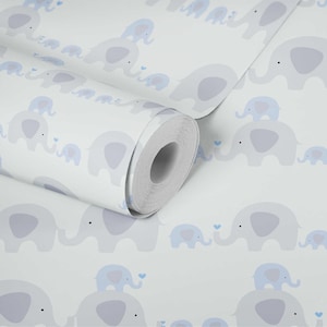 May include: A roll of wallpaper featuring a repeating pattern of gray elephants with blue accents and hearts on a white background. The elephants are in various sizes, with some having smaller elephants on their backs.