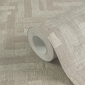 May include: A roll of textured wallpaper in shades of beige and taupe. The design features a geometric pattern with a woven appearance. The roll is partially unrolled, revealing the paper's texture and color variations.
